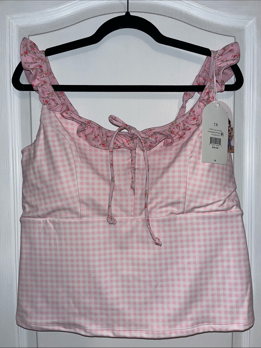 Pink Gingham Ruffle Tie-Front Tank with Built in Bra